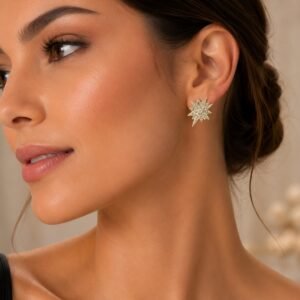 Par de Brincos Estrela de Ouro Amarelo com 14 Diamantes