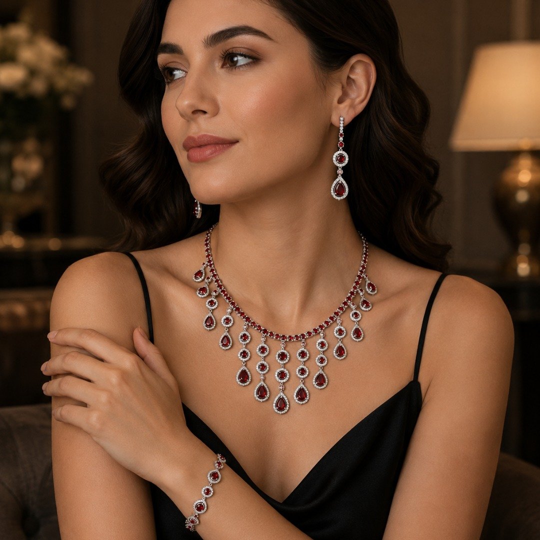 Conjunto Gargantilha, Pulseira e Par de Brincos de Prata com Cristais e Rubis