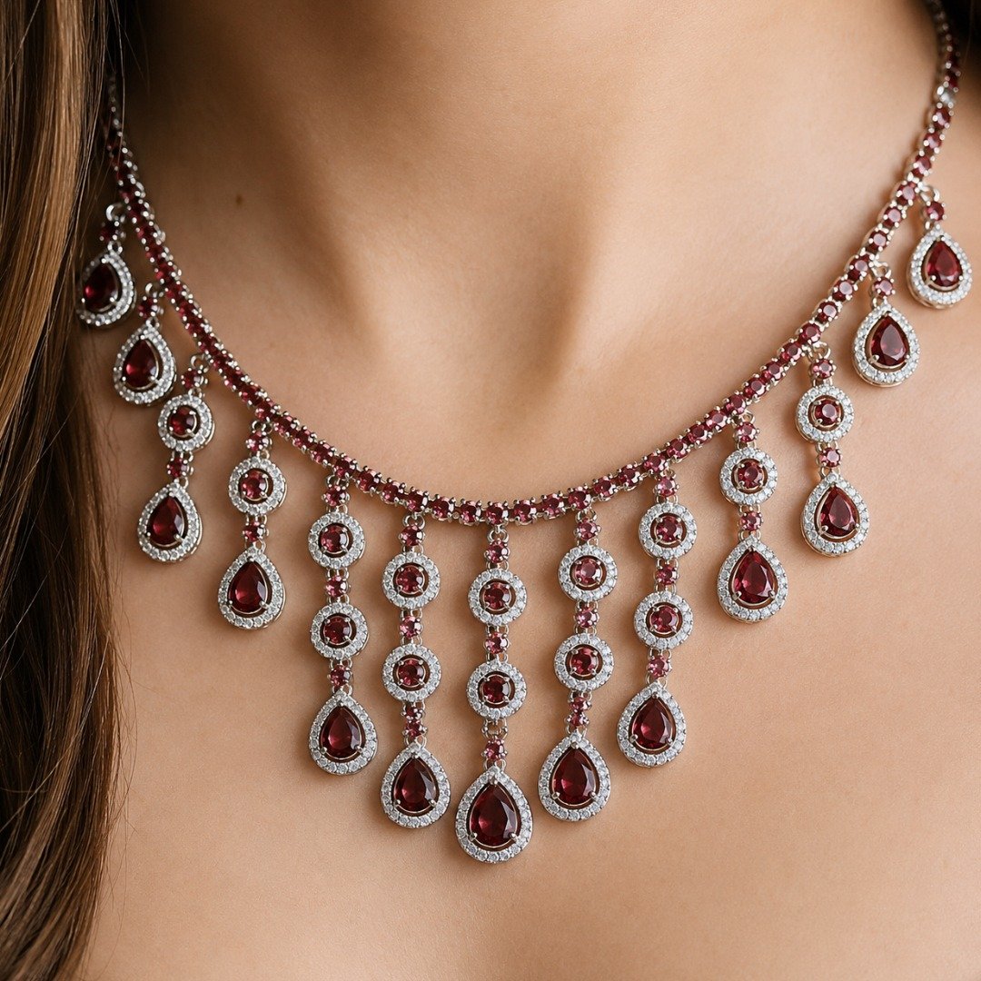 Conjunto Gargantilha, Pulseira e Par de Brincos de Prata com Cristais e Rubis - Imagem 3