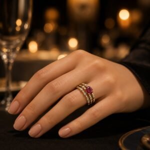 Anel de Prata com Acabamento em Ouro Amarelo com Diamantes e Rubi
