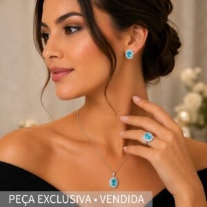 Conjunto Par de Brincos, Pingente e Anel de Prata com Cristais e Apatitas