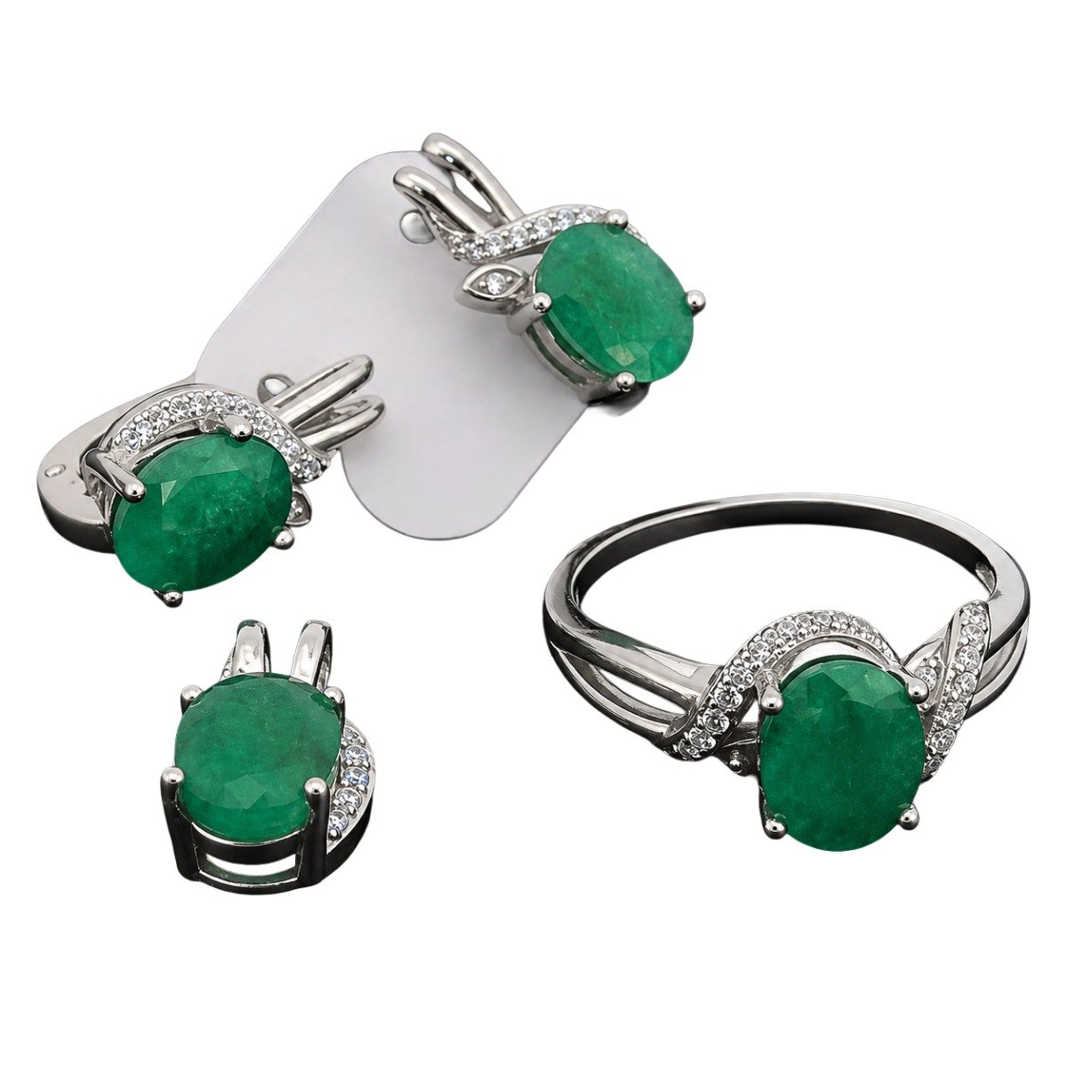 Conjunto de Brincos Pingente e Anel de Prata com Cristais e Esmeraldas - Imagem 3