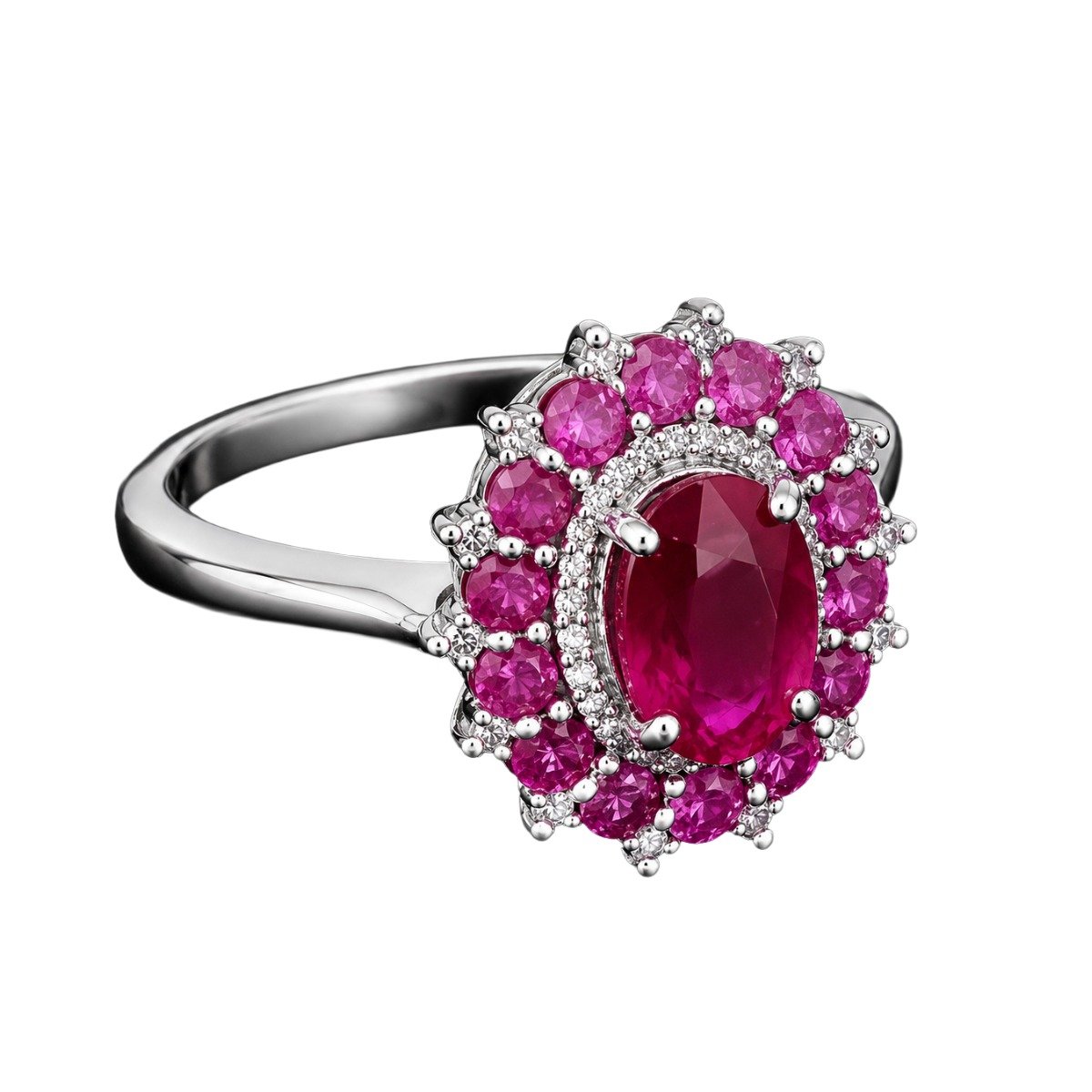 Anel de Prata com Safiras Rosa, Diamantes e Rubi - Imagem 2