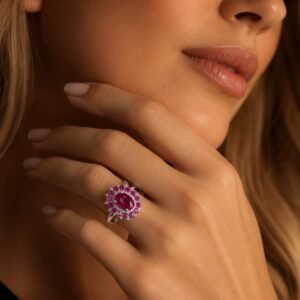 Anel de Prata com Safiras Rosa, Diamantes e Rubi