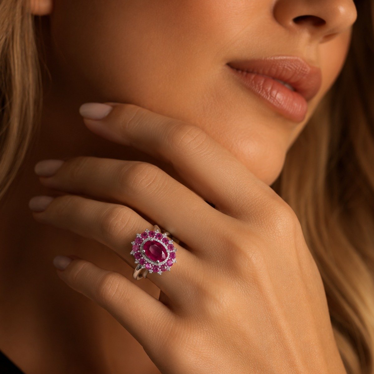 Anel de Prata com Safiras Rosa, Diamantes e Rubi