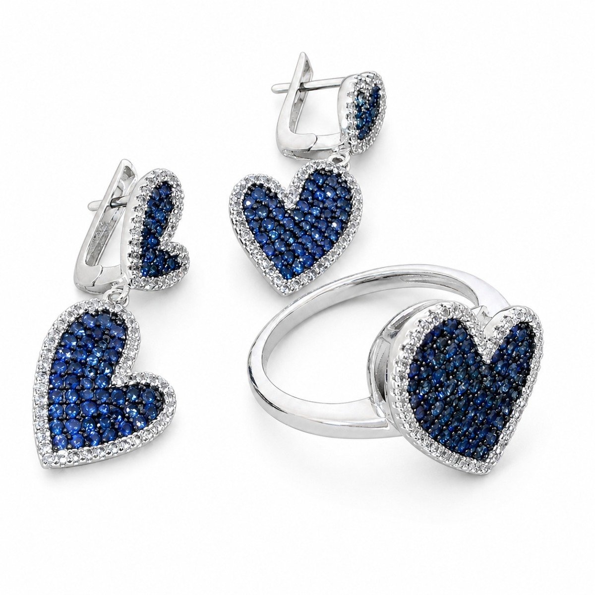 Conjunto Par de Brincos e Anel Coração de Prata com Diamantes de Laboratório e Safiras - Imagem 3