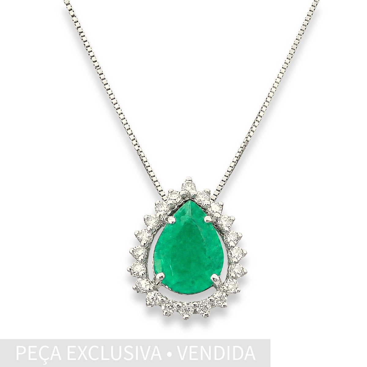 Corrente e Pingente de Ouro Branco com Diamantes e Esmeralda - Imagem 4